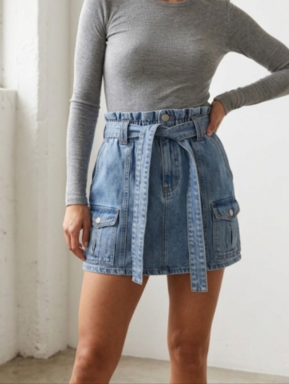New BlankNYC moon river  Denim Cargo Mini Skirt with Paper-Bag Waist and Tie